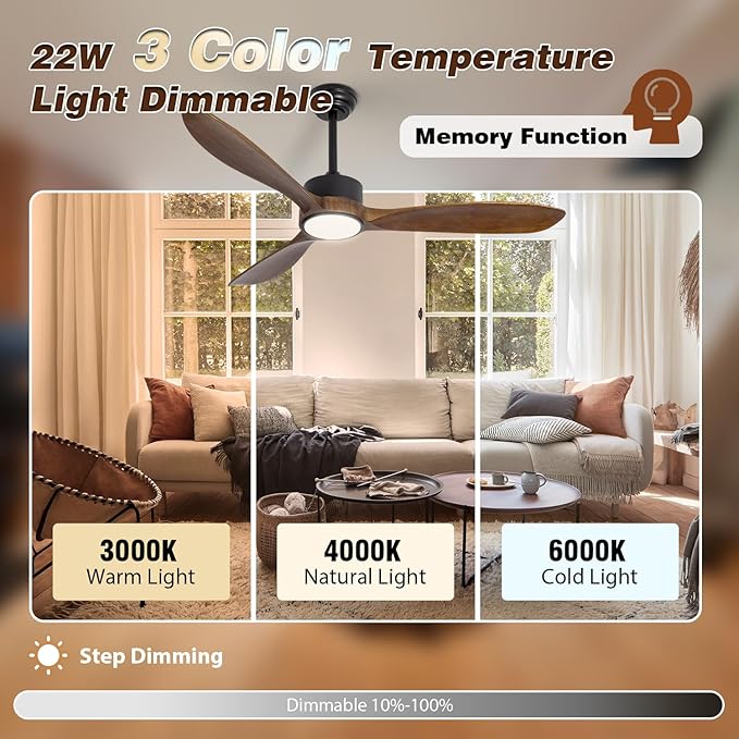 52inch Brown Wood Ceiling Fan with Light and Remote, Silent DC Motor,6 Speed Levels, Dimmable Lights, 3 Blade Modern Ceiling Fans for Living Room Bedroom Farmhouse Patio,Indoor Outdoor Ceiling Fans