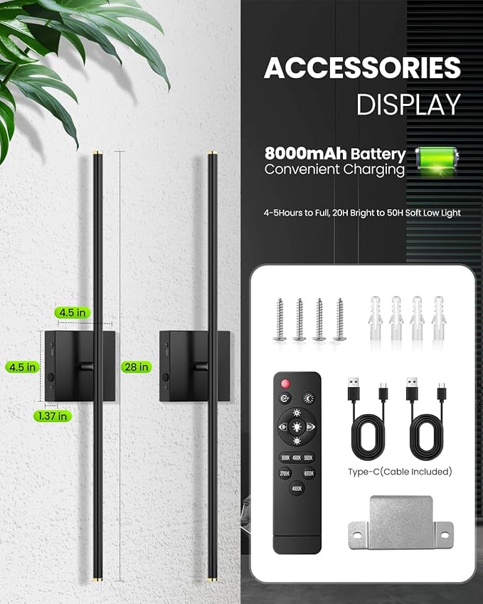 CLY Battery Operated Wall Sconce Set of 2, Dimmable 2700K-6500K Battery Wall Sconce with Remote Control 8000mAh Rechargeable Wall Lights Wireless Sconces for Mirror/Hallway/Living Room/Bedroom 28 Inch