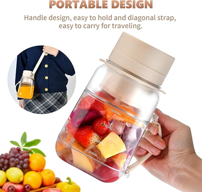 Portable Blender,FOUSIUTIM Personal Blenders for Shakes and Smoothies with34oz Cup, Lid and Shoulder Strap, Type-C USB Rechargeable, Personal Size Blenders BPA-free for Home，Gym/Travel