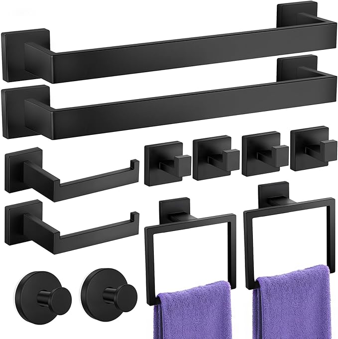 Bathroom Hardware Accessories Set: 12-Pieces Bath Towel Bar Set, Towel Racks for Bathroom Wall Mounted, SUS304 Stainless Steel, Matte Black