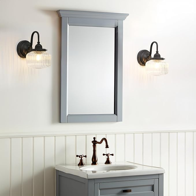 Vintage Gooseneck Wall Sconce 1-Light with Clear Striped Glass Globe Shade Indoor Hardwired Wall Mounted Lamp Fixture