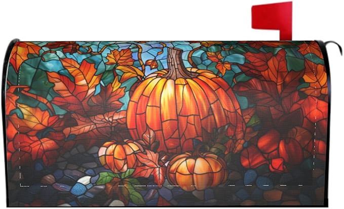 Giwawa Stained Glass Pumpkin Mailbox Cover - Large Autumn Fall Magnetic Oversized 25.5 x 21 - Thanksgiving Decorations Outdoor Harvest Wrap