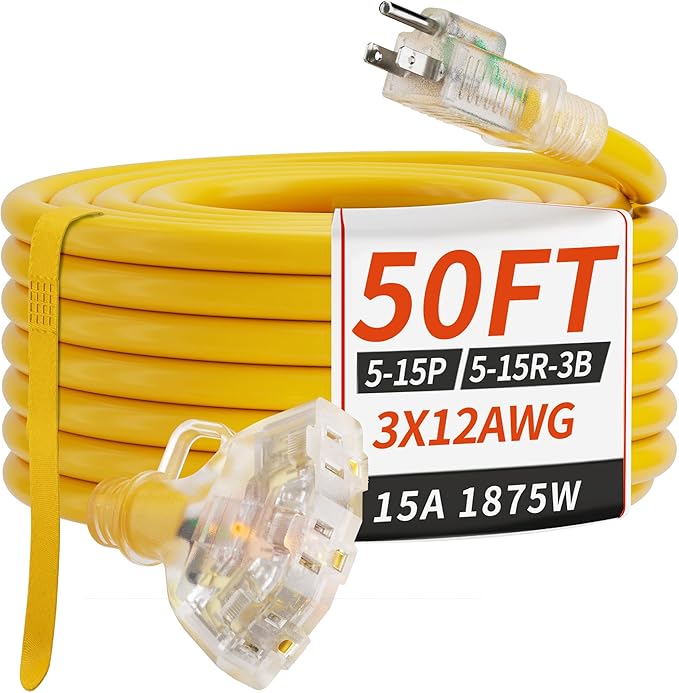 50 FT 12/3 Gauge Outdoor Extension Cord with Multiple Outlets Light Indicator, Flexible 3 Outlet Weatherproof Heavy Duty Extension Cord Waterproof Yellow, 15A 1875W 12AWG SJTW, ETL Listed