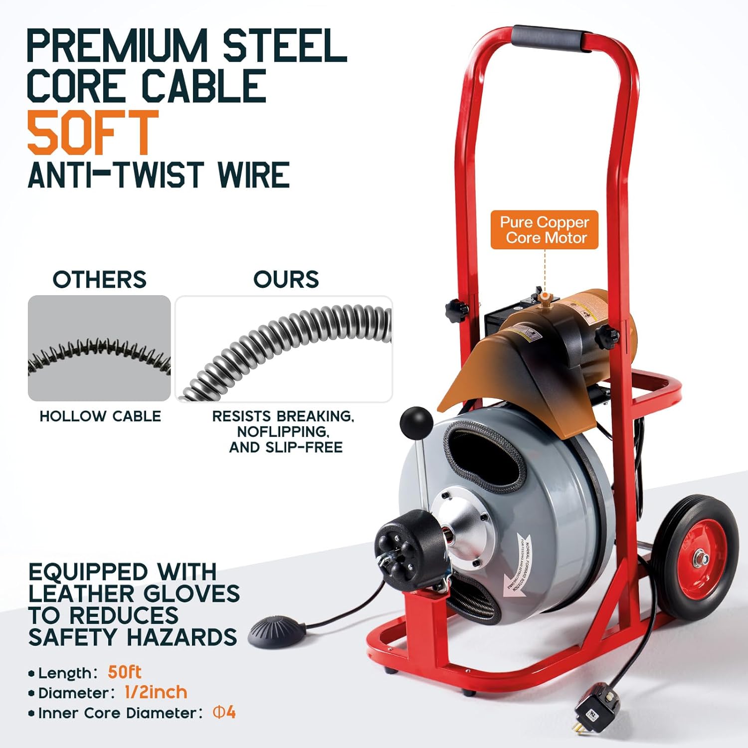 Albott 50 FT x 1/2 inch Electric Drain Cleaner Machine with Auto-Feed & 10 Cutters, Sewer Snake Auger for 1–4 Inch Pipes, Foot Switch & Wheels, Ideal for Home & Commercial Use, Gray/Red