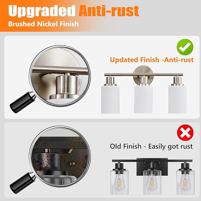 DLLT 3-Light Bathroom Light Fixtures: Nickel Modern Vanity Lights with E26 Bulbs - Milky White Glass Shade Bathroom Wall Lamp for Mirror Kitchen Living Room Hallway Cabinet Porch