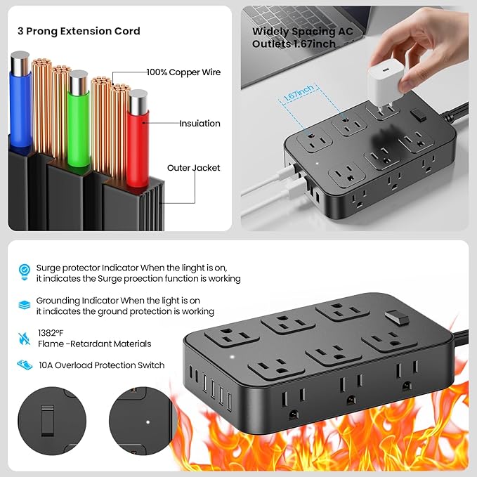 Flat Plug Power Strip Surge Protector with 12 AC Outlets 6 USB Ports 3 Side Multi Plug Outlet Extender 15 Ft Extension Cord for Home Office Kitchen Dorm Wall Desk Charging Station ETL Listed