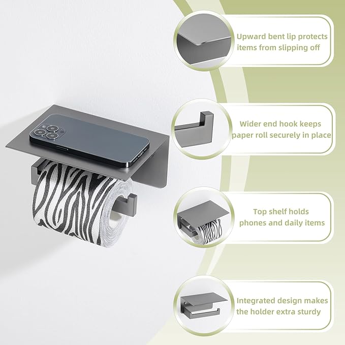 APLusee Toilet Paper Holder with Phone Shelf Gunmetal Gray, 304 Stainless Steel Rustproof Wall Mounted Heavy-Duty, Space-Saving for Modern Bathrooms