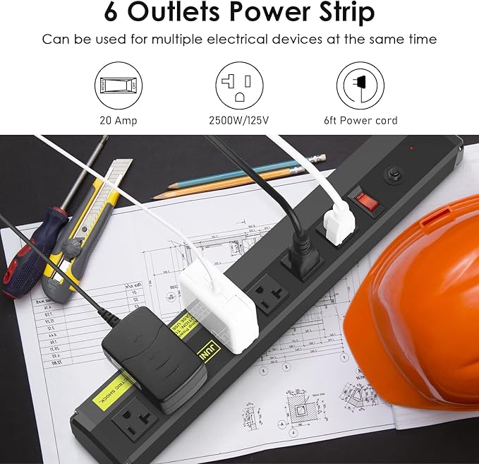 JUNNUJ Heavy Duty 20 Amp Power Strip 2 Pack,High Amp Surge Protector 6 Outlet,Power Strips Surge Protection 4800J with Circuit Breaker, 12 Gauge Extension Cord 4ft