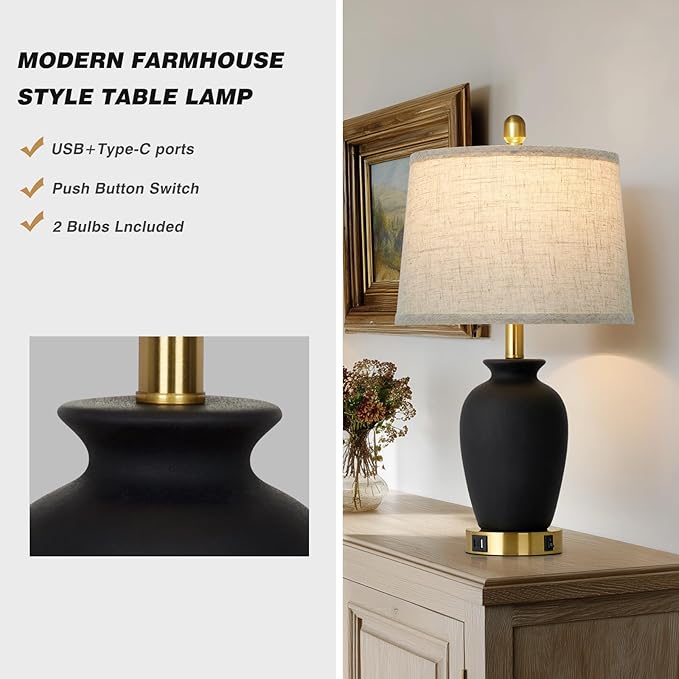 23" Set of 2 Black Ceramic Farmhouse Table Lamp with Ginger Jar Design, Bedside USB Lamps for Living Room,Dining Room,Bedroom,Office,Nightstand,End Table