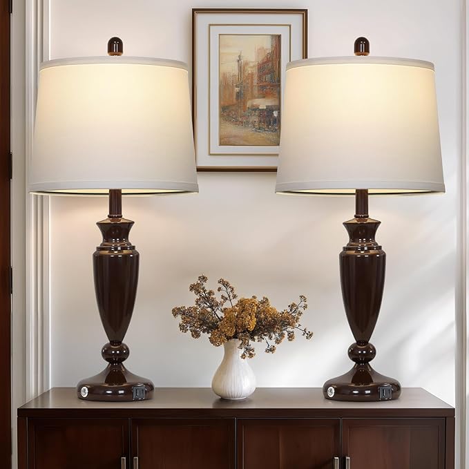 27'' Brown Living Room Lamps Set of 2, 3 Way Touch Control Table Lamps with USB A+C Ports, Modern Bedside Lamps, Elegant Metal Nightstand Lamps for Bedroom Office End Table Decoration