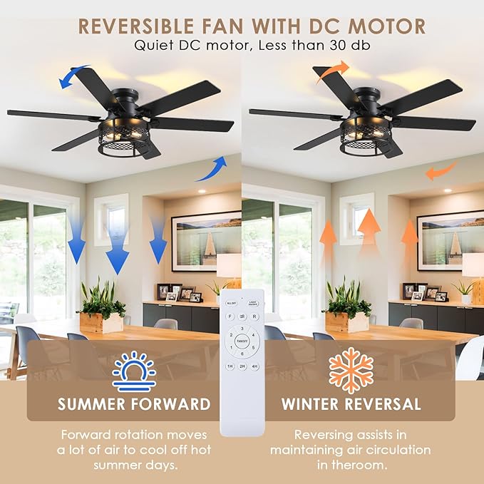 52inch Low Profile Ceiling Fan with Light and Remote,Farmhouse DIY Caged Flush Mount Ceiling Fan with Reversible DC Motor Dual Finish 6 Blades,6 Speed Black Fandelier for Patio,Bedroom,Livingroom