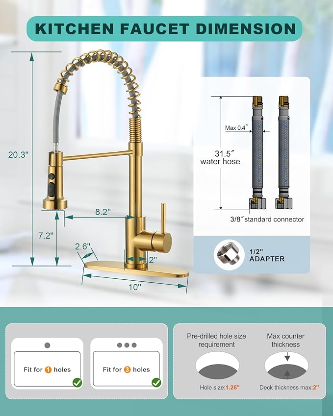Kitchen Faucets with Pull Down Sprayer: Brushed Gold 3-Function Kitchen Sink Faucet for 1 or 3 Hole - Stainless Steel Single Handle Spring Kitchen Faucets with Deck Plate for Farmhouse RV Laundry