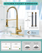 Kitchen Faucets with Pull Down Sprayer: Brushed Gold 3-Function Kitchen Sink Faucet for 1 or 3 Hole - Stainless Steel Single Handle Spring Kitchen Faucets with Deck Plate for Farmhouse RV Laundry