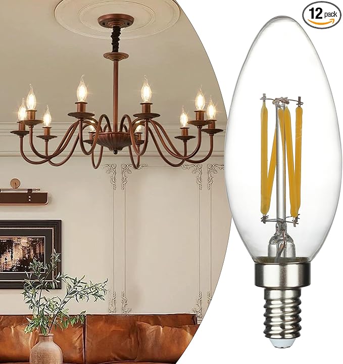 12 Pack E12 LED Candelabra Bulbs 40W Equivalent 4W, 2700K Warm White 400LM Dimmable - Vintage Edison B10 B11 Candle Bulbs for Chandeliers, Ceiling Fans & Lamps, High Brightness Energy Saving