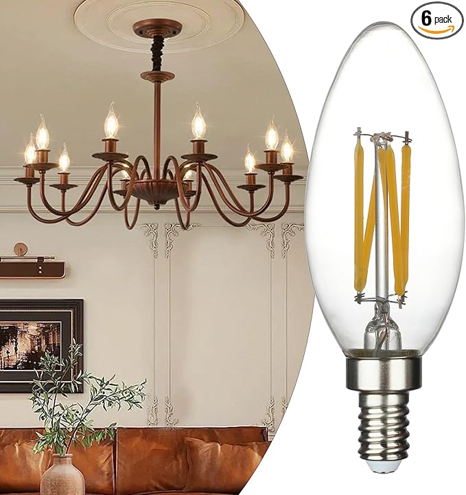 12-Pack E12 LED Edison Bulbs, 6W 60W Equivalent, 5000K Daylight 600LM Dimmable Bulbs, B10 B11 Clear Vintage Candle LED Bulbs for Chandeliers, High Brightness Natural White Light, Energy Saving