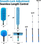23FT High Reach Duster Cleaning Kit with Extension Pole, Ceiling Fan Cleaner Duster with 4-16.5 ft Telescoping Pole, 2 in 1 Squeegee for Window Cleaning, Spider Web Brush for Shower Glass Car Cleaning