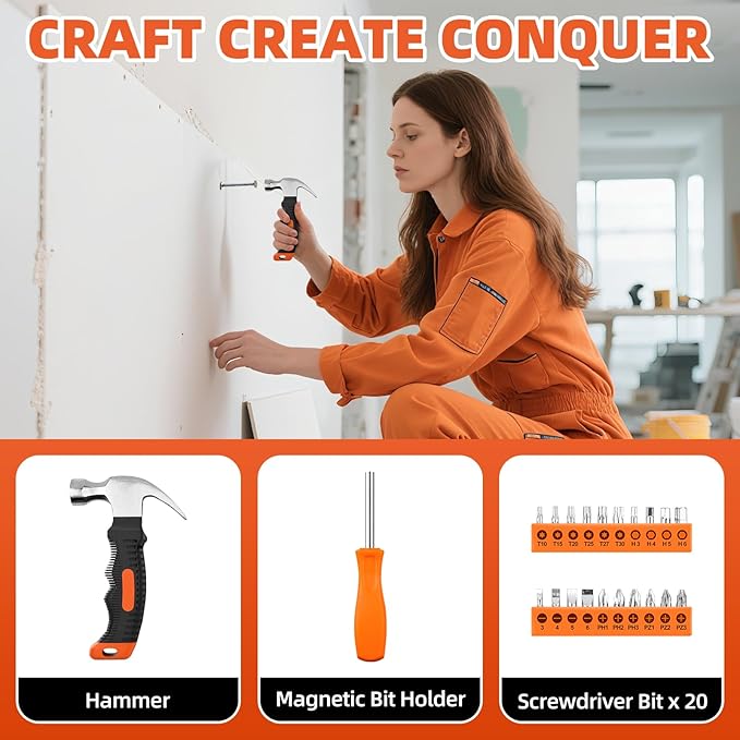 Tool Set, 22 Piece Household Hand Tool Kit, Convenient or Home, Garage, Office and Dorm Use - Essential Tools for the Whole Family, Orange
