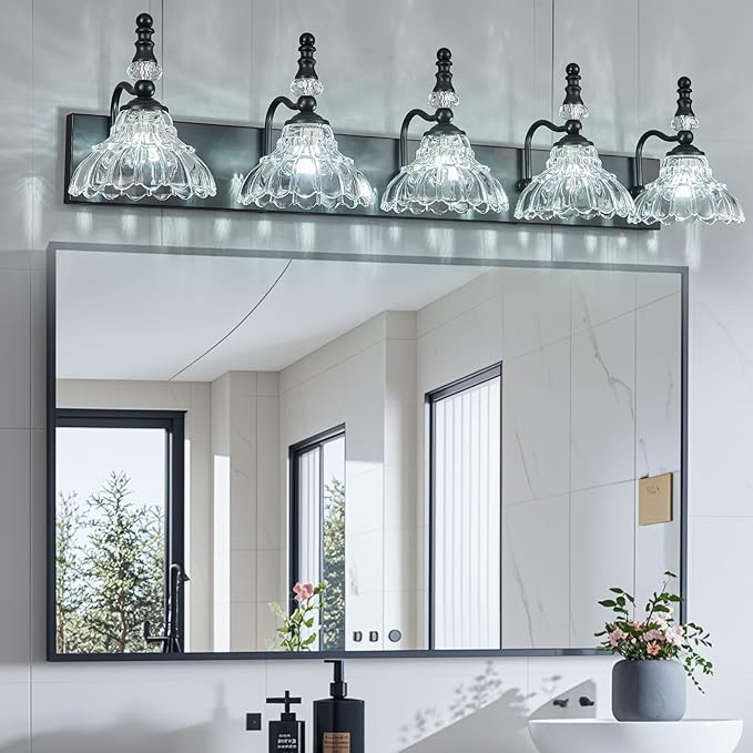 Vintage Bathroom Vanity Light, 5-Light Black Vanity Lighting Fixture with Flower Glass Shade, Bathroom Lighting Fixtures Over Mirror