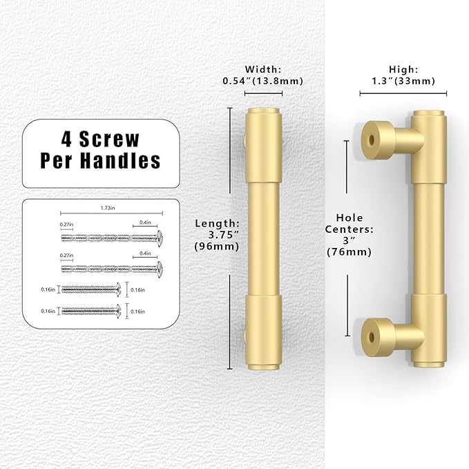 TA010 10 Pack Brushed Gold Cabinet Pulls 3 Inch(76mm) Kitchen Cabinet Handles Cabinet Hardware for Drawer Pulls
