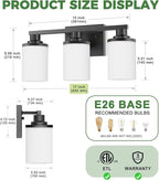 DORESshop 17 Inch Bathroom Light Fixtures, 3-Light Black Bathroom Vanity Light Over Mirror with Milk Glass Shade, Vanity Lights for Living Room Bedroom
