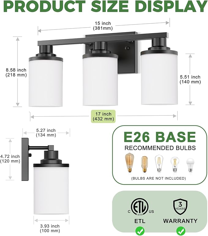 DORESshop 17 Inch Bathroom Light Fixtures, 3-Light Black Bathroom Vanity Light Over Mirror with Milk Glass Shade, Vanity Lights for Living Room Bedroom