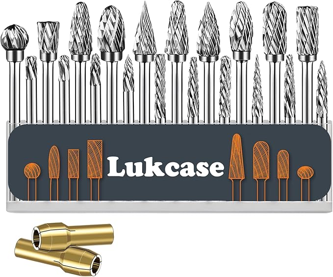 20 Pcs Double Cut Carbide Rotary Burr Set 1/8" Shank Compatible with Dremel for Metal Glass Woodworking, Drilling, Carving, Engraving, Polishing Cutting with 2 Collets