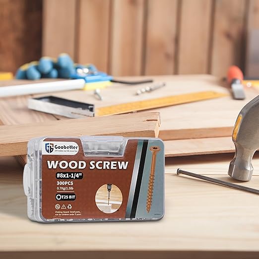 #8x1-1/4 Wood Screws, Deck Screws 300 Pcs, Rust Resistant, Torx Exterior Screws for Construction Fence, Includes 2 Pcs T25 Star Bits, Brown