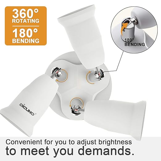 DiCUNO 3 in 1 E26 Light Socket Splitter Adapter, Standard Base LED Bulb Converter, 360 Degrees Adjustable 180 Degree Bendable, 3 Way Bulbs Socket Holder