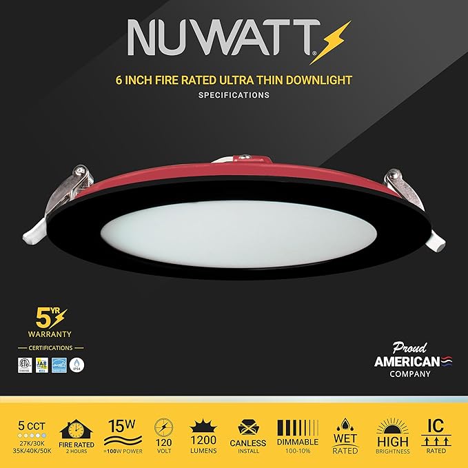 NUWATT 2 Hour 6" Fire Rated Recessed Lighting 6 Inch Wafer LED Lights, 5CCT 2700K/3000K/3500K/4000K/5000K, Wet & IC Rated, 15W, Dimmable 1200LM, 90CRI Black Recessed Light, No Cone Needed, ETL, 6 Pack