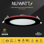NUWATT 2 Hour 6" Fire Rated Recessed Lighting 6 Inch Wafer LED Lights, 5CCT 2700K/3000K/3500K/4000K/5000K, Wet & IC Rated, 15W, Dimmable 1200LM, 90CRI Black Recessed Light, No Cone Needed, ETL, 6 Pack