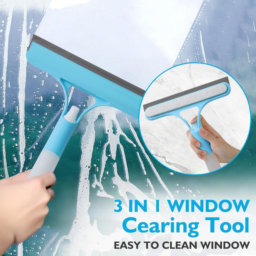 3 in 1 Spray Window Squeegee Cleaner Scraper, WindowSqueegee with Brush and Built-in Spray BottleAll-Purpose Shower Glass, Mirrors, Car, Home Window Cleaner Tool (Blue)