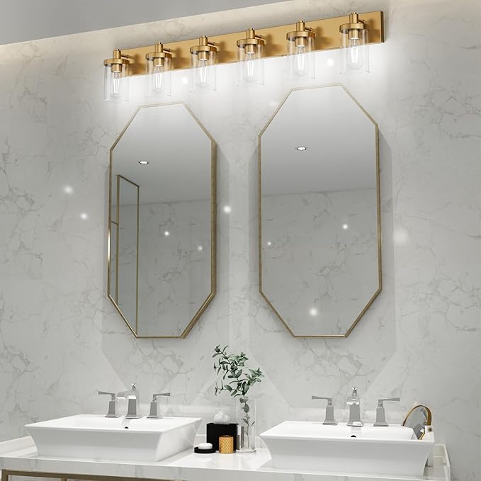 Aipsun Gold Bathroom Vanity Light Farmhouse Vanity Lighting Fixtures 6 Light 48in Bathroom Light Fixtures with Clear Glass Shade(Exclude Bulb)