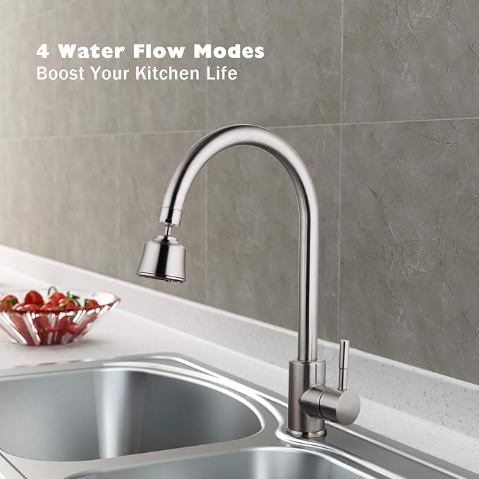 Houtingmaan Kitchen Sink Faucet Aerator with 2 Ball Joint, Big Angle Swivel Sprayer Head Replacement with 4 Spray Models, 55/64-27UNS Famale Thread - Brushed Nickel