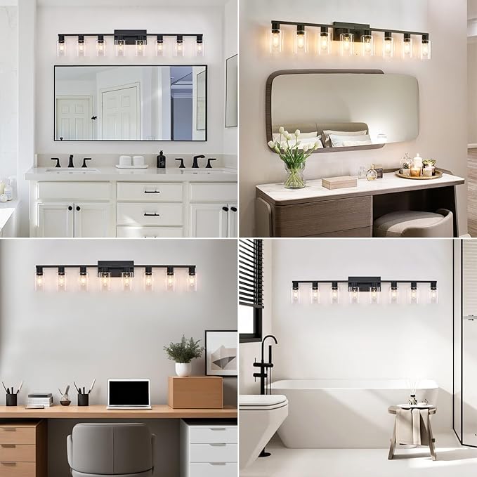 8 Light Bathroom Vanity Light, Matte Black Bathroom Vanity Lights Over Mirror with Sturdy Clear Glass Shade, 8 Lights Count Large Bath Light Fixtures for Mirror, Bedroom, Living Room, Wall Sconce