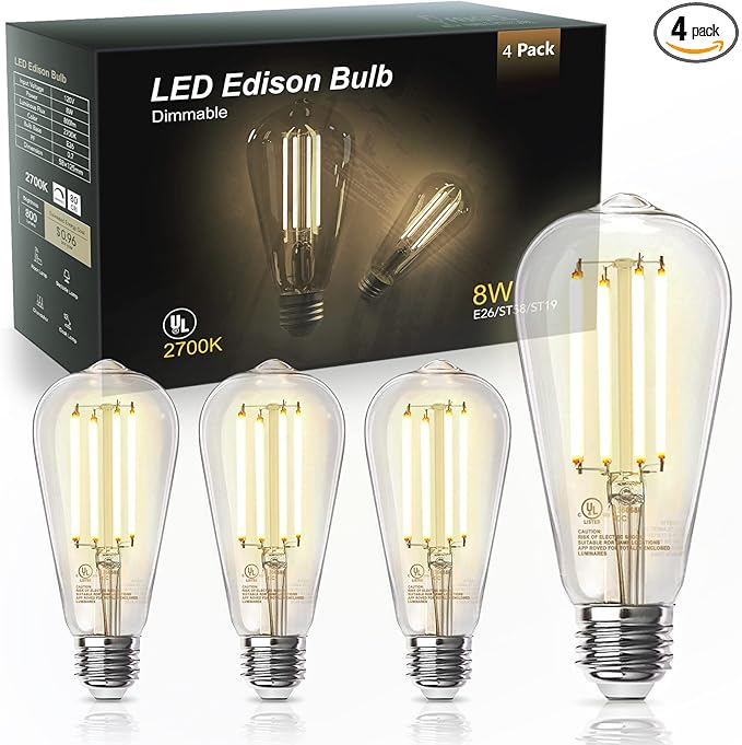TJOY Edison Light Bulbs 60W Equivalent, Dimmable Vintage LED Light Bulbs, E26 Medium Base, Warm White 2700K, ST58, 8W, 800LM, 80+ CRI, Antique Decorative LED Filament, Clear Glass, 4 Pack