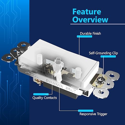 LIDER White Minimalist Decorator Switch, Frameless Light Switch, On/Off Rocker, Single Pole, Residential Grade, 3 Wire,15A 120-277VAC