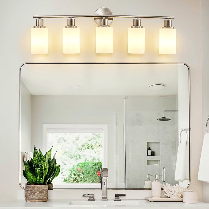 DLLT 5-Light Bathroom Light Fixtures: Nickel Modern Vanity Lights with E26 Bulbs - Milky White Glass Shade Bathroom Wall Lamp for Mirror Kitchen Living Room Hallway Cabinet Porch