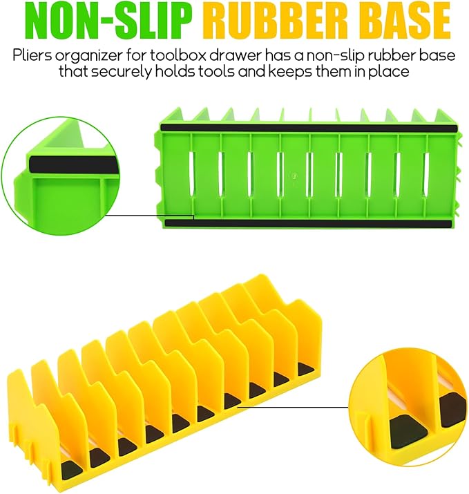 Plier Organizer, 4 Pack Pliers Organizer for Tools Cutters with Extendable Design & Non-Slip Rubber Base, 40 Slots Drawer Organizers for Tools, Wrenches, Screwdrivers,Green&Yellow