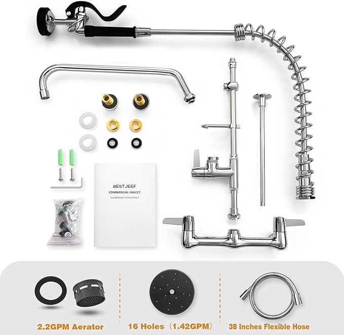 Commercial Sink Faucet With Sprayer For kitchen-Staff: BESTJEEF Commercial Wall Mount Kitchen Sink Faucet With Pre Rinse Sprayer For Kitchen Cook- 36" Height Faucet With 8" Center And 12" Add-On Spout