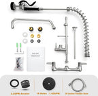 Commercial Sink Faucet With Sprayer For kitchen-Staff: BESTJEEF Commercial Wall Mount Kitchen Sink Faucet With Pre Rinse Sprayer For Kitchen Cook- 36" Height Faucet With 8" Center And 12" Add-On Spout