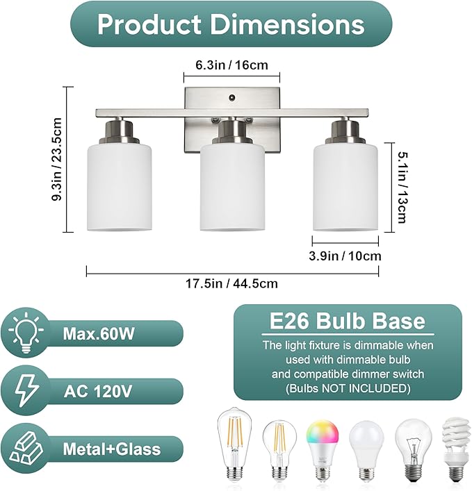 Ascher Bathroom Light Fixtures, 3-Light Vanity Light Over Mirror, Brushed Nickel Wall Sconces with Milky White Frosted Glass Shades, Wall Lamp for Living Room Bedroom, E26 Base(Bulbs Not Included)