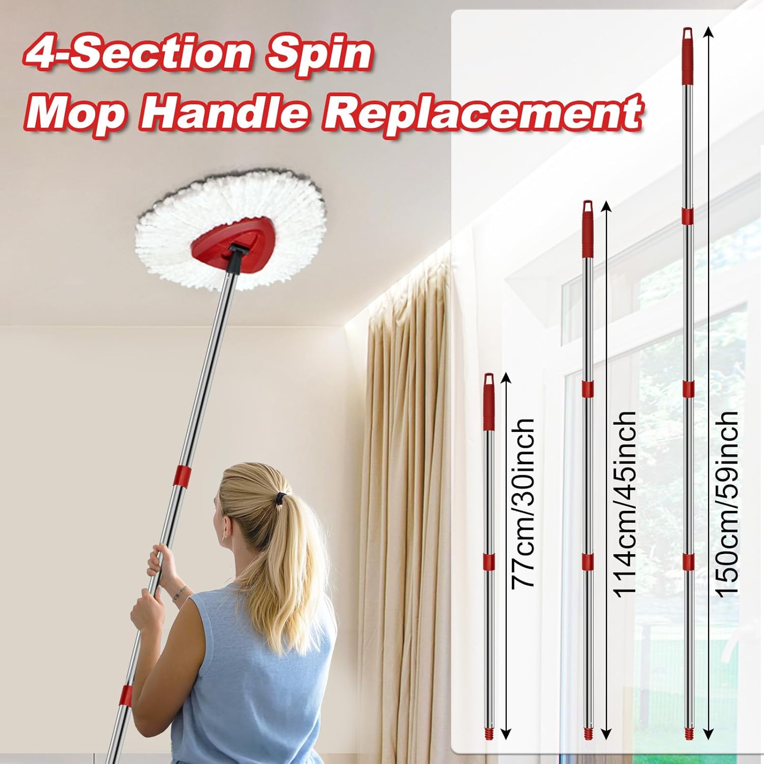 4 Section Spin Mop Replacement Handle for O Cedar Mop Handle for Ocedar Spin Mop Handles to Floor Clean Adjustable 30" to 58" Length Mop Stick Pole Handle, American Screw Joint (Mop Head Not Included)