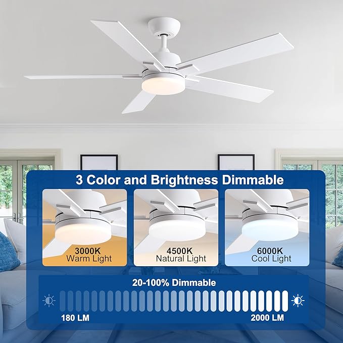 52 Inch Ceiling Fans with Lights and Remote, White Ceiling Fan with 5 Blades, 6 Speed Reversible DC Motor, 3CCT Dimmable LED, Modern Design for Bedroom, Living room & Covered Outdoor,Includes Downrod