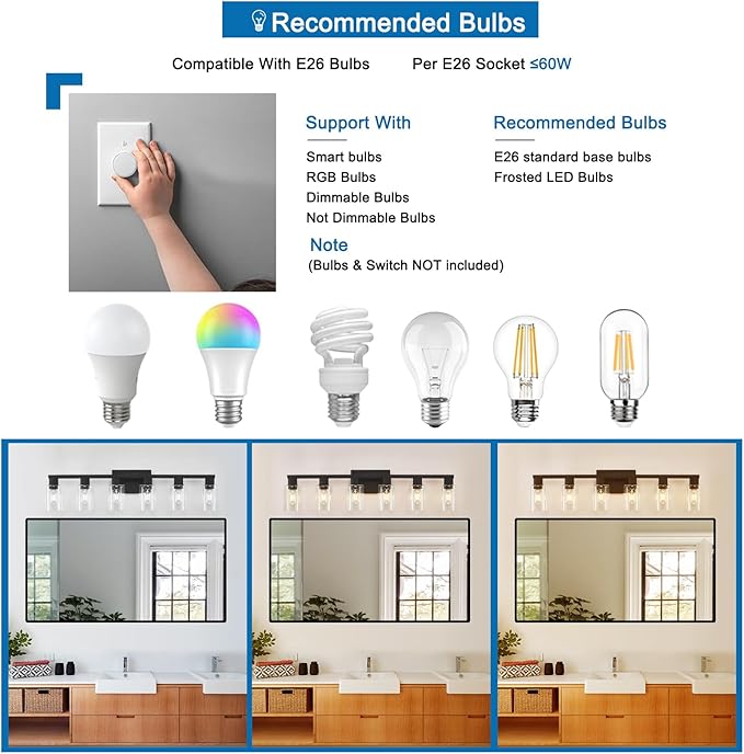 Black Bathroom Light Fixtures, 6-Light Bathroom Lighting Fixtures Over Mirror with Clear Glass Shade, Matte Black Vanity Lights, 6 Light Count Large Vanity Light Fixture for Bath, Mirror,Wall Sconce