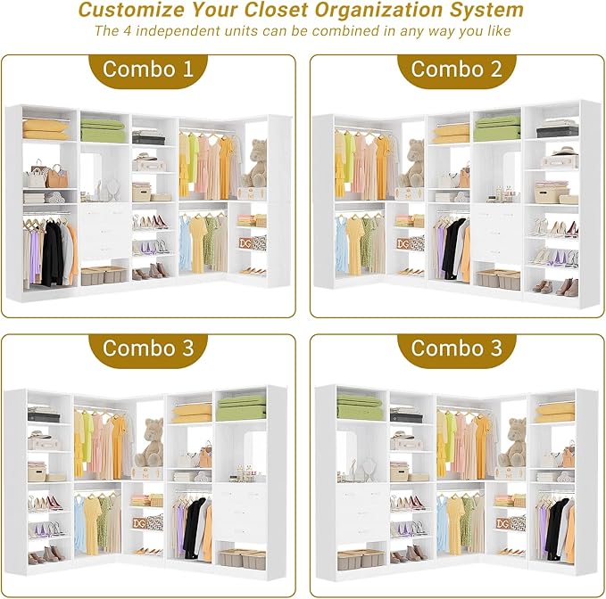 Unikito 110” Closet System with Drawers, 9.3FT Corner Closet Organizer with 4 Hanging Rods, Reversible Large Wood L Shaped Walk in Closets Wardrobe with Shoe Shelves, Max Load 3000LBS, Set of 4, White