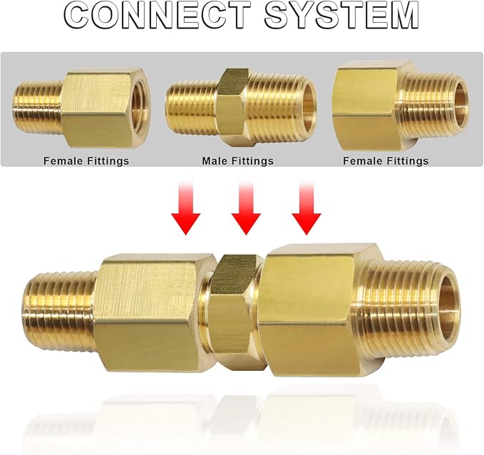KOOTANS 3/8 NPT x 1/4 NPT Male Solid Brass Hex Nipples, Heavy Brass Pipe Adapter Fittings Reducing Nipples Connectors 4Pieces