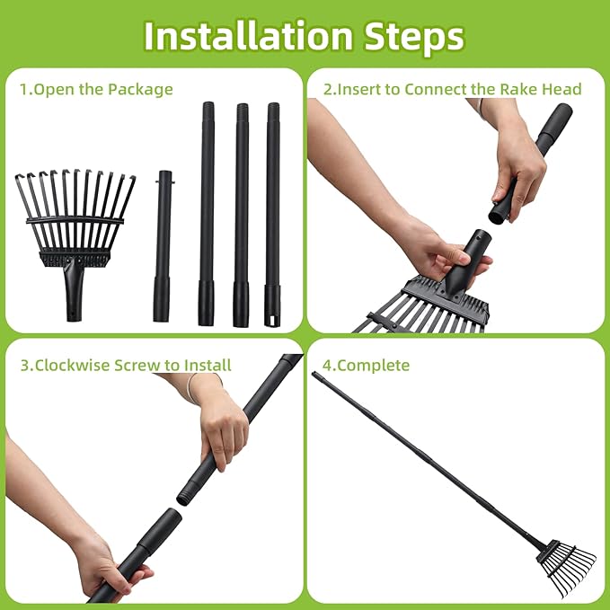 Small Rake for Gardening 63 Inch Adjustable Heavy Duty Garden Leaf Rakes Garden Tools 11 Metal Tines Small Garden Rake for Shrub Flower Bed Mulch Camping, Black