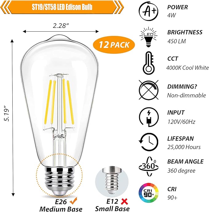 40 Watt Light Bulbs, E26 Bulb, 4000K Cool White 4W LED Edison Bulbs, Flickering Free, 90 High CRI, 450LM, Not Dimmable, Pack of 12