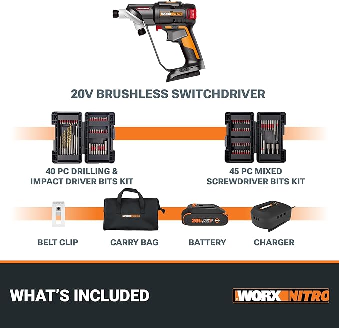 WORX Nitro 20V SwitchDriver 2.0 with 85 pc Accessory Kit, 2-in-1 Brushless Cordless Drill Driver, Drill Set Rotatable Dual 1/4" Chucks, WX177L.2 – (Battery & Charger Included)