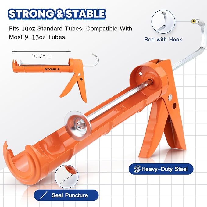 DIYSELF-Caulk-Gun-Drip-Free, Hand Caulking Tool with Smooth Rod, Caulking Gun Fits 10 oz Tube, 10:1 Thrust Ratio Silicone Gun for Bathroom, Kitchen, Windows, Door Frames, Small Repairs (Orange)